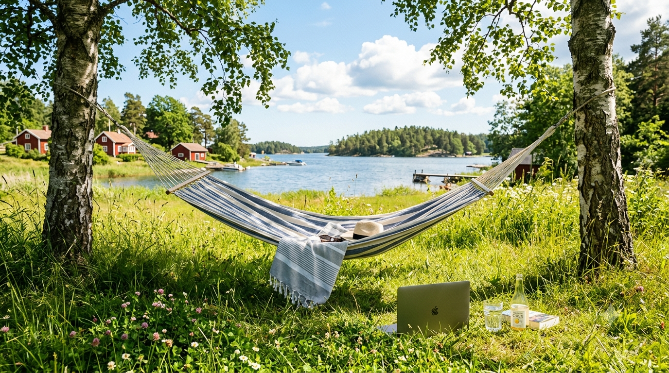 Stängd laptop i gräset bredvid en hängmatta i sommarsol, en bild av att AI-agenter sköter jobbet under semestern
