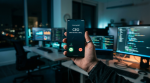 Närbild av en mobiltelefon i handen med ett pågående samtal på skärmen där uppringaren heter "VD". I bakgrunden en suddig kontorsmiljö med skärmar och tangentbord.