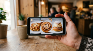 Hand som håller smartphone med en Instagram Story där tre bilder från ett bageri smälter samman till rörlig video via AI-övergång.