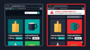 Två snarlika webbplatser sida vid sida där den ena är en falsk kopia markerad med varningssymbol.