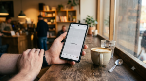 Smartphone med Instagram öppen på ett företagskonto med låga räckviddssiffror, kaféinredning i bakgrunden.